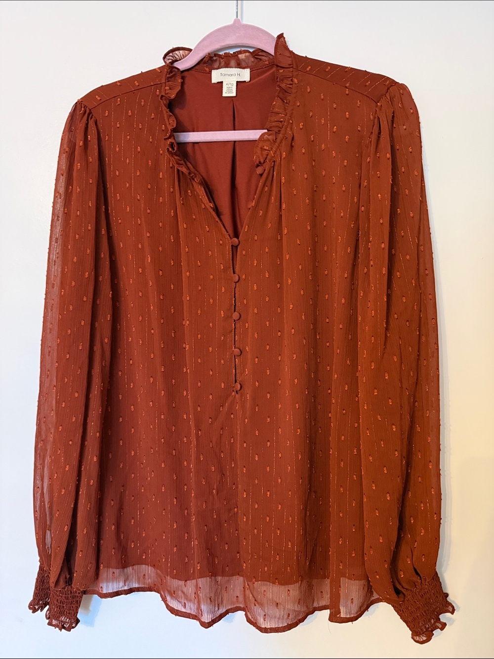 Treasure & Bond Rust Ruffle-Neck Long Sleeve Blouse